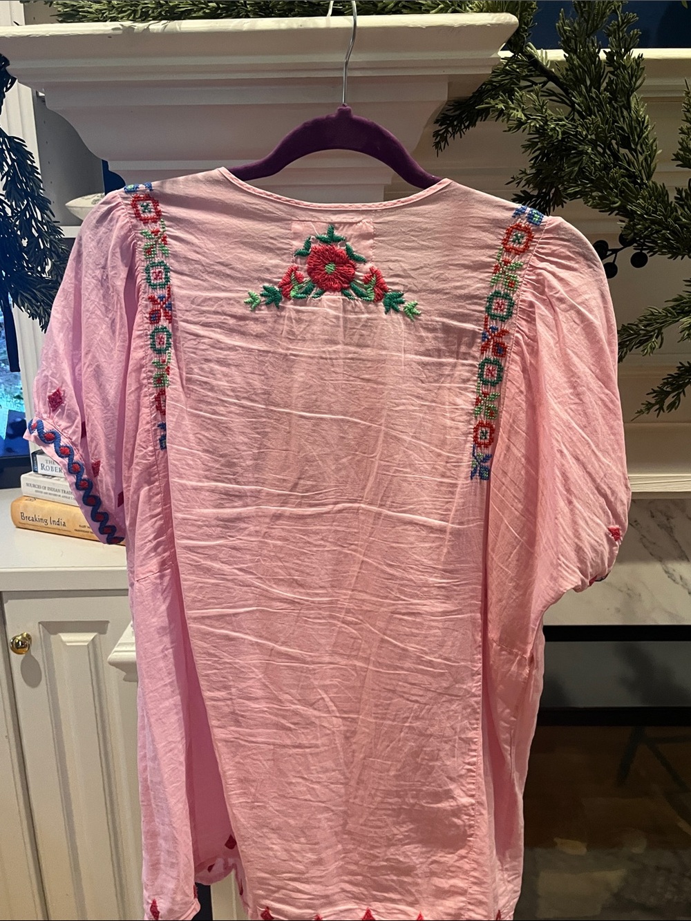 Johnny Was Pink Embroidered Boho Tie-Neck Blouse - Picture 5 of 7